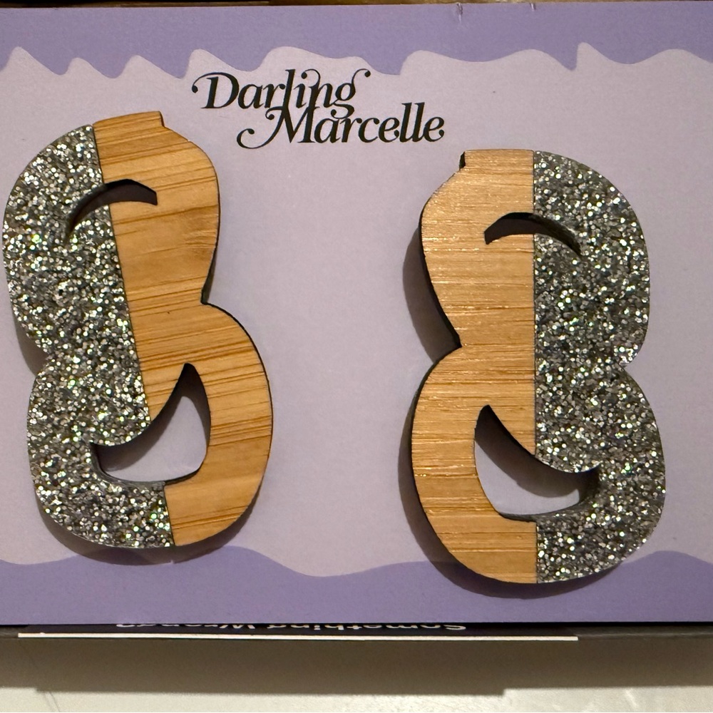 Darling Marcelle Silver and Tan Abstract/Geometric, Wooden Earrings